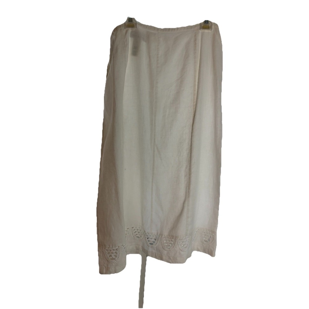 Susan Bristol White Linen Midi Skirt Size 16 Lace Insert Elastic Waist Zip Slit